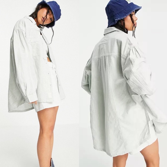 NWT Free People Cardiff Indigo Railroad Stripe Oversized Shirt/Jacket - Picture 4 of 15